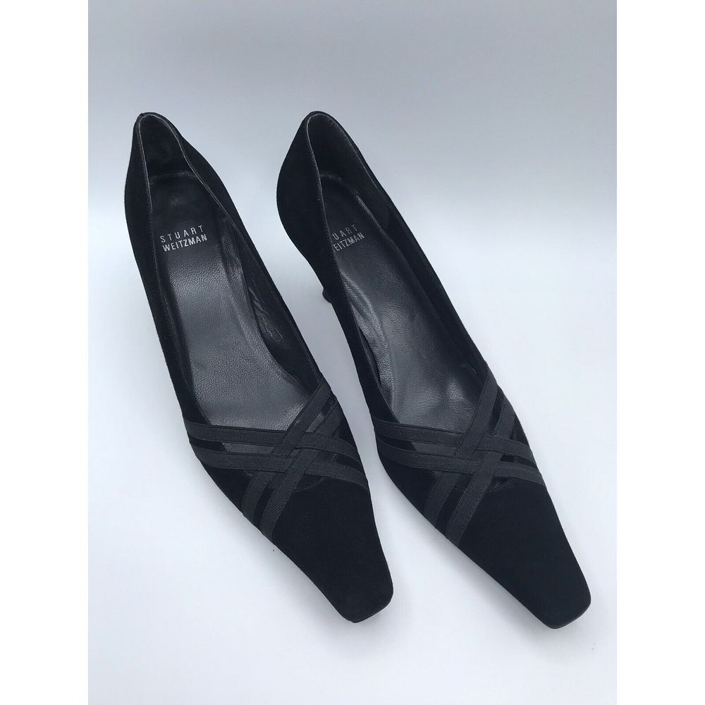 Stuart Weitzman Black Suede Square Toe Kitten Heels w Ribbon Detail Size 9.5 SS‎